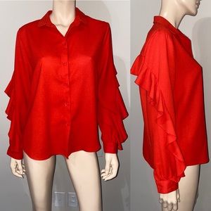 Red Long Sleeve Ruffle Blouse